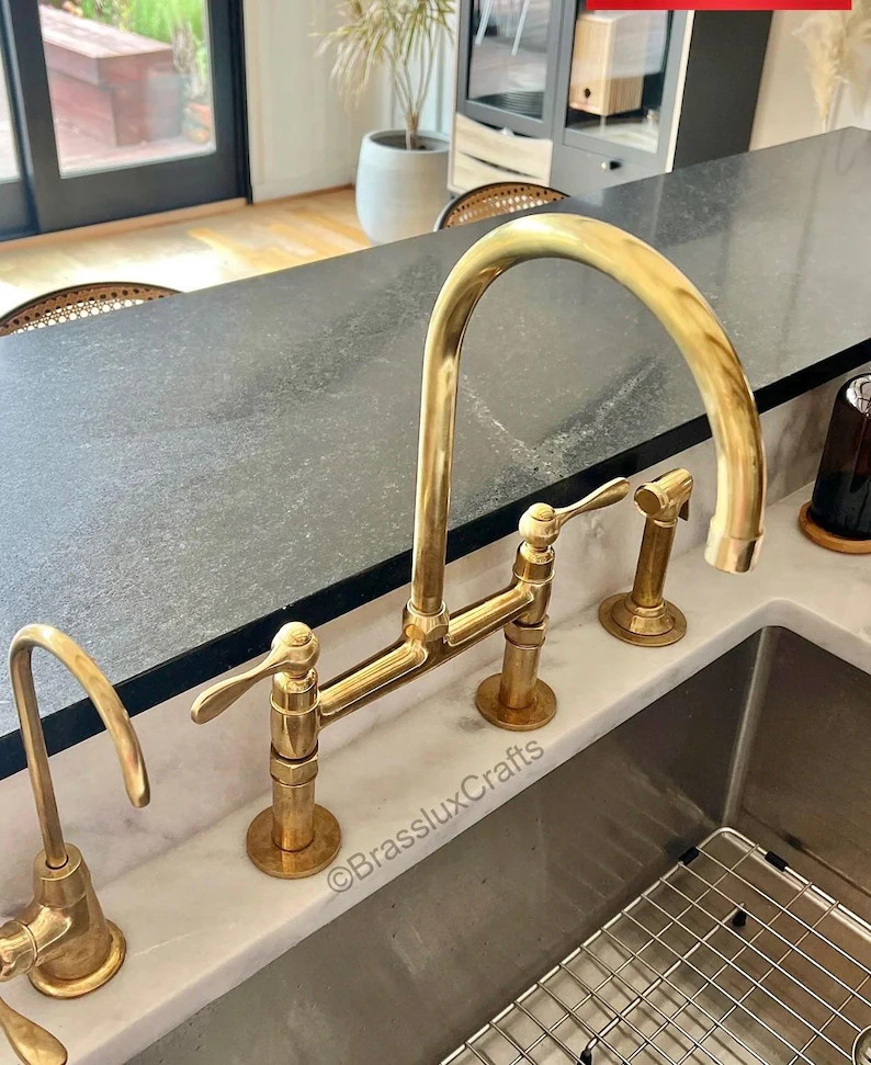 Unlacquered Brass Bridge Kitchen Faucet With Side Sprayer, Cold Tap & Lever Handle - Etsy | Etsy (US)