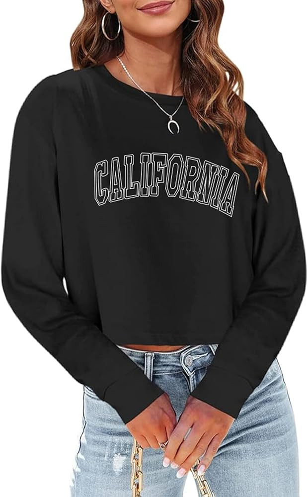 Sumtory Women Long Sleeve Crew Neck Sweat Shirts Loose Fit Letter Print Pullovers Crop Tee Tops | Amazon (US)