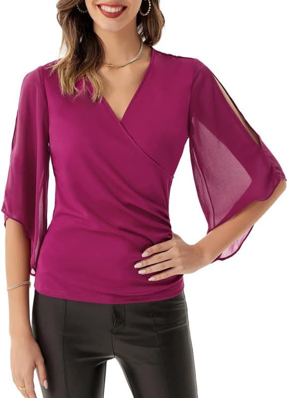 GRACE KARIN Women 3/4 Chiffon Sleeve Dressy Blouse Wrap Elastic Shirt Business Casual Party Flatt... | Amazon (US)