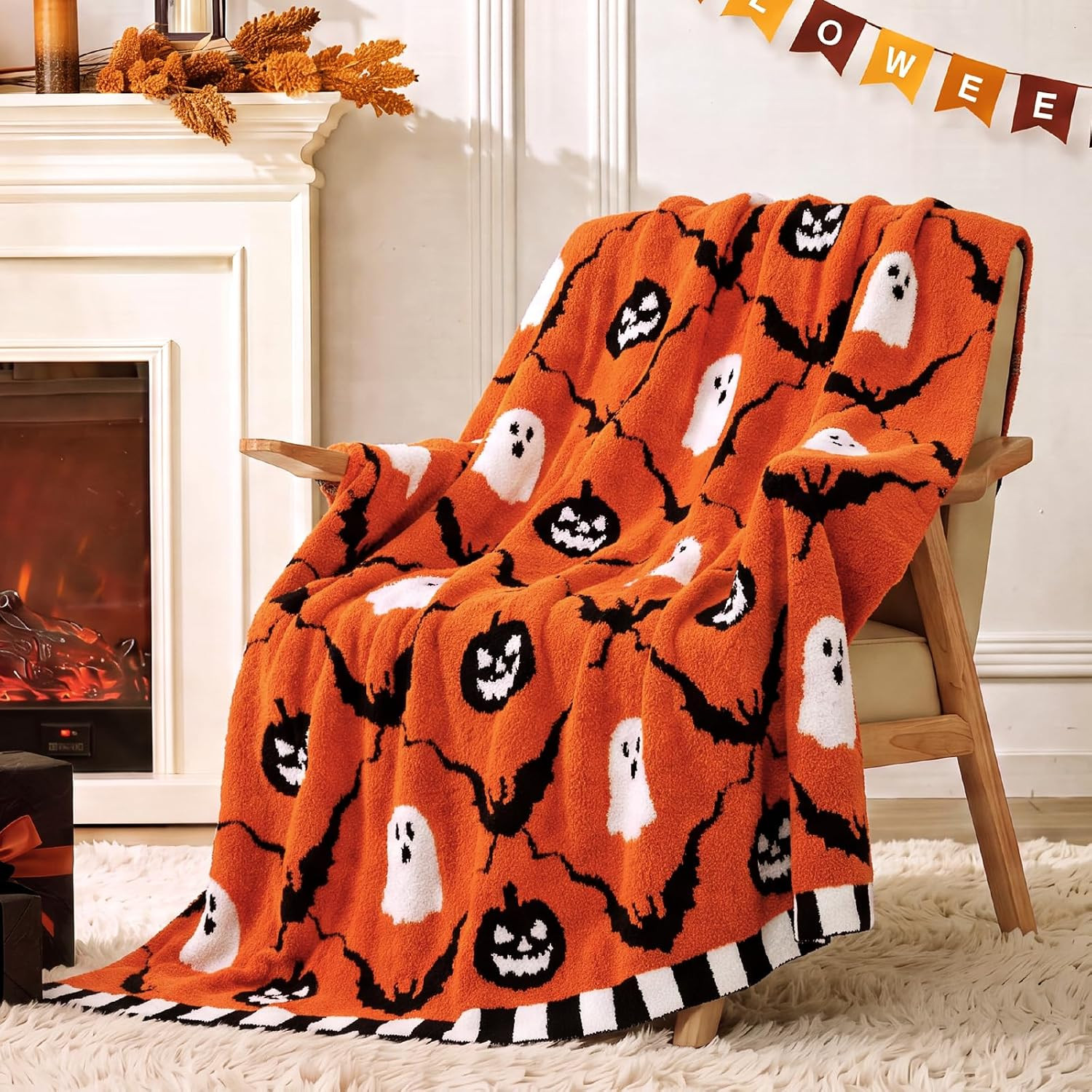 Snuggle Sac Halloween Throw Blanket, Orange Pumpkin Ghost Blanket with Bat Wing-Inspired Plaid for Couch 50x60 inches, Ultra Soft Halloween Blanket for Decor & Gifts | Amazon (US)