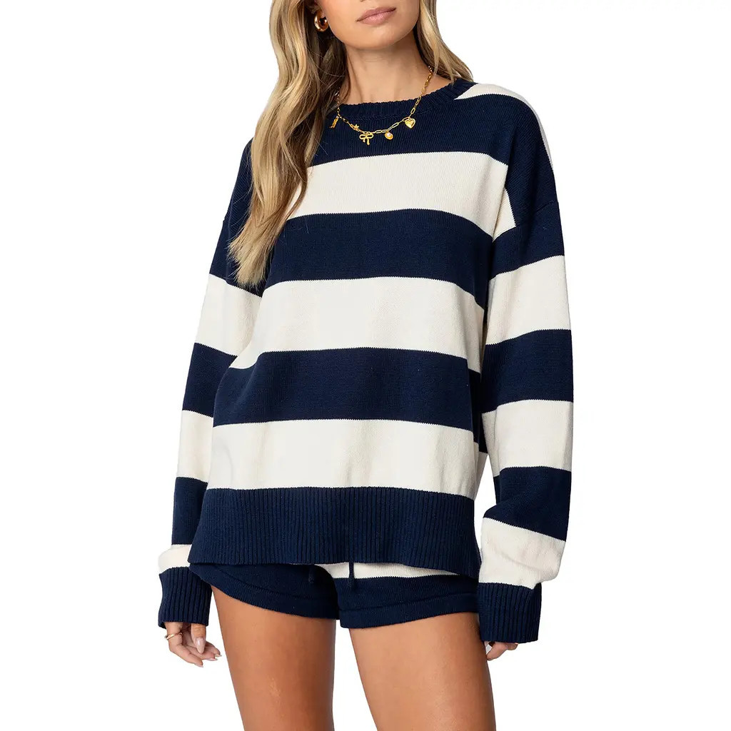 EDIKTED Riley Oversize Stripe Cotton Sweater in Navy-And-Cream at Nordstrom, Size Small | Nordstrom