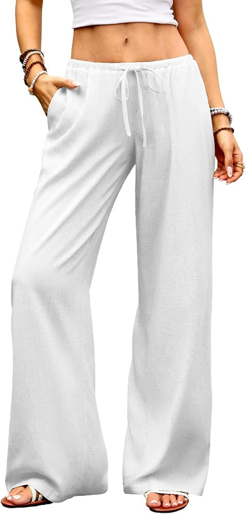 ELLEVEN Womens Low Rise Wide Leg Linen Pants, Baggy Lightweight Flowy Palazzo Trousers Summer Bea... | Amazon (US)
