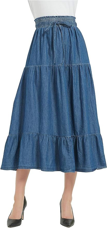 Tronjori Womens A Line Long Midi Denim Skirt Tired Pleated Layers Elastic Waist Front Drawstring | Amazon (US)