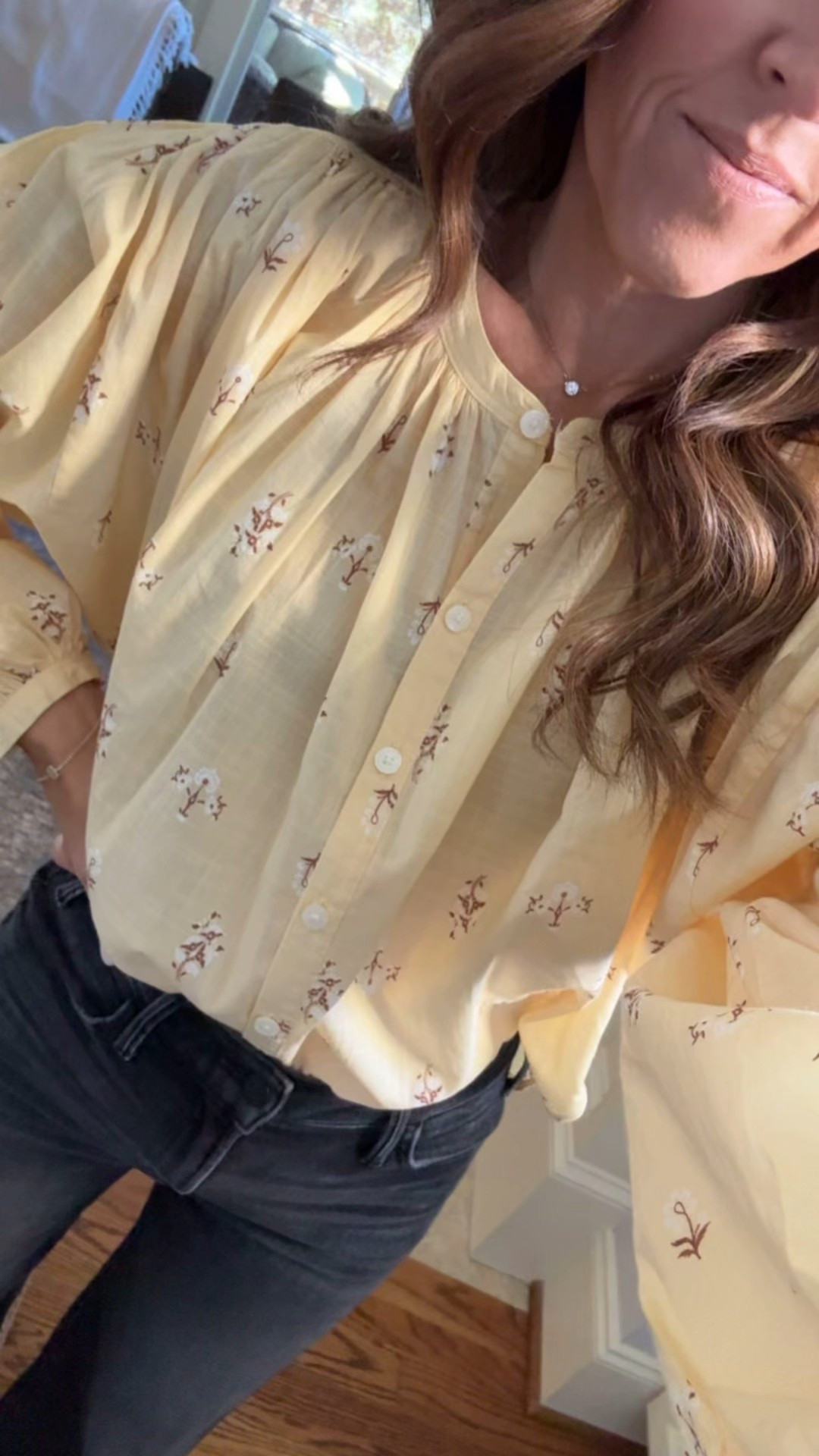 Yellow floral blouse. $25 today. Spring blouse. Also in white. 
Size XS. 

#LTKSeasonal #LTKOver40 #LTKSaleAlert