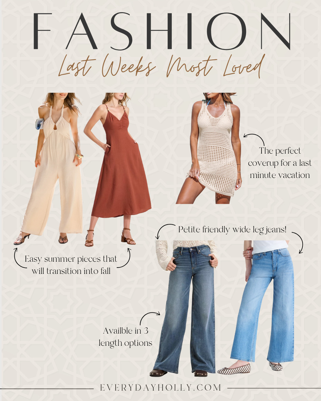 These were last week's most-loved finds, and I can see why. Easy pieces you'll wear now and keep reaching for into fall, plus the petite-friendly wide leg jeans that come in three lengths and a crochet coverup that's perfect for a last-minute getaway.

Summer to fall style, Petite fashion, Wide leg jeans, Three length options, Crochet coverup, Vacation style, Casual dresses, Everyday fashion, EverydayHolly 

 #LTKSeasonal #LTKOver40 #LTKPetite