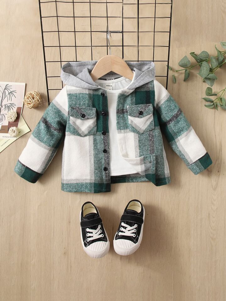 SHEIN Baby 1pc Plaid Flap Pocket Hooded Coat | SHEIN