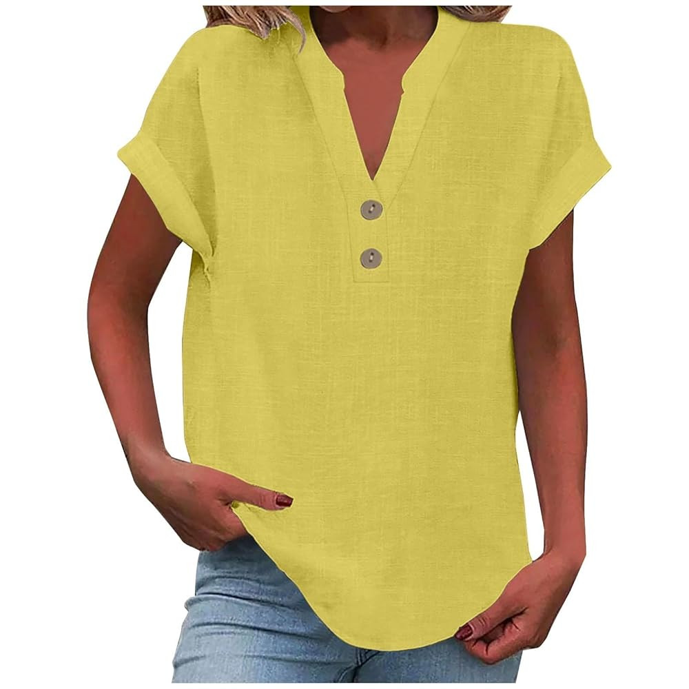 Linen Shirts for Women 2025 Summer Casual V Neck Button Down Short Sleeve Tops Trendy Comfy Busin... | Amazon (CA)