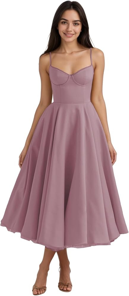 Midi Corset Prom Dress for Women Vintage Satin Tea Length Dresses A Line Pocket Formal Evening Go... | Amazon (US)