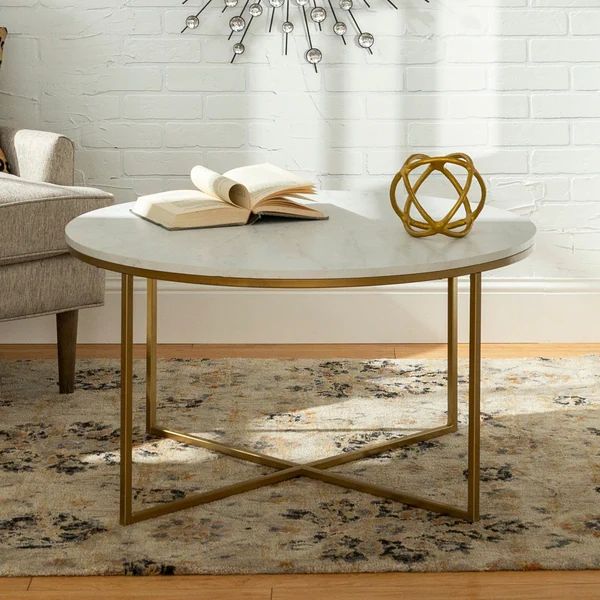 Silver Orchid Helbling 36-inch Round Coffee Table with Gold Metal X-Base - 36 x 36 x 19h | Bed Bath & Beyond