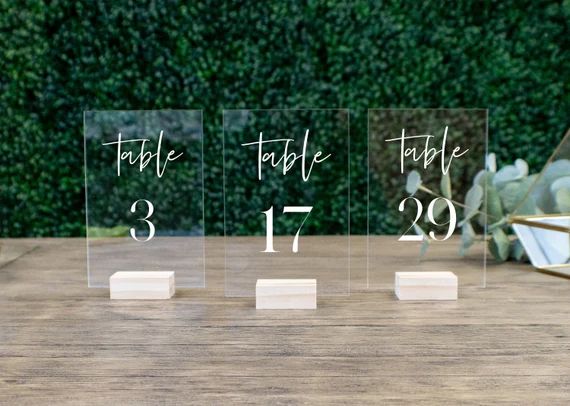 Wedding Table Numbers with Holders || Clear Acrylic Calligraphy Wedding Signage Clear Wood Table ... | Etsy (US)
