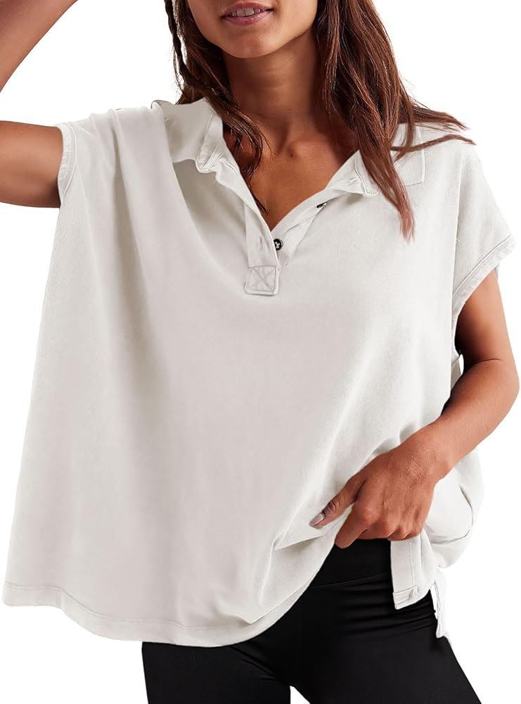 Tankaneo Womens Oversized Cap Sleeve Polo Shirts Summer Casual V Neck Tops Loose Fit Collared Cot... | Amazon (US)
