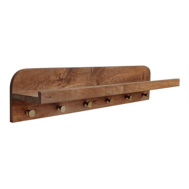 Wood Skylar Wall Shelf With Hooks | World Market