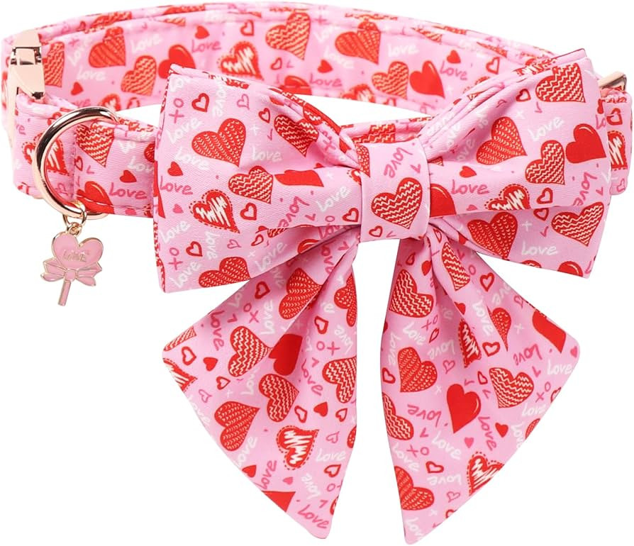 DOGWONG Valentine's Day Dog Collar with Bow Tie - Adorable Pet Collar Red Hearts with Rose Gold B... | Amazon (US)
