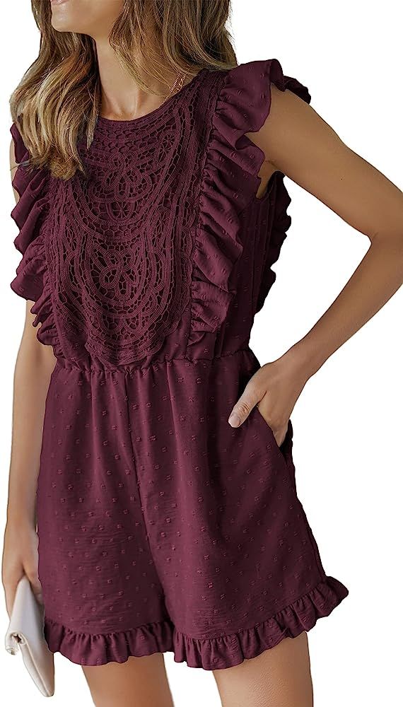 Angashion Womens Rompers 2023 Dressy Summer Casual Embroidery Lace Print One Piece Outfit Ruffle ... | Amazon (US)
