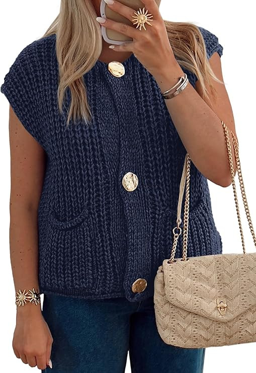 Saodimallsu Womens Sleeveless Cropped Sweater Vest Crochet Chunky Knit Button Down Cardigan Vests... | Amazon (US)
