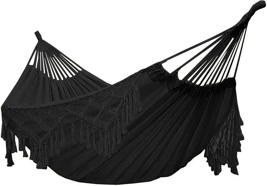 Double Sized Boho Macrame Black Hammock with Elegant Tassels and Fishtail Knitting 485Lbs Include... | Amazon (US)
