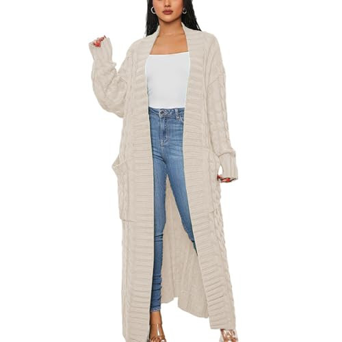 Womens Long Sleeve Maxi Cardigan Large Pocket Knitted Sweater Jacket Long Cardigan, Open Front Cable Knit Coat (Milky White,Large) | Amazon (US)
