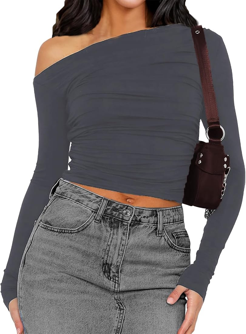 AnotherChill Women's Sexy One Shoulder Crop Top Ruched Long Sleeve T-Shirt Y2K Tee Slim Fit Going... | Amazon (US)