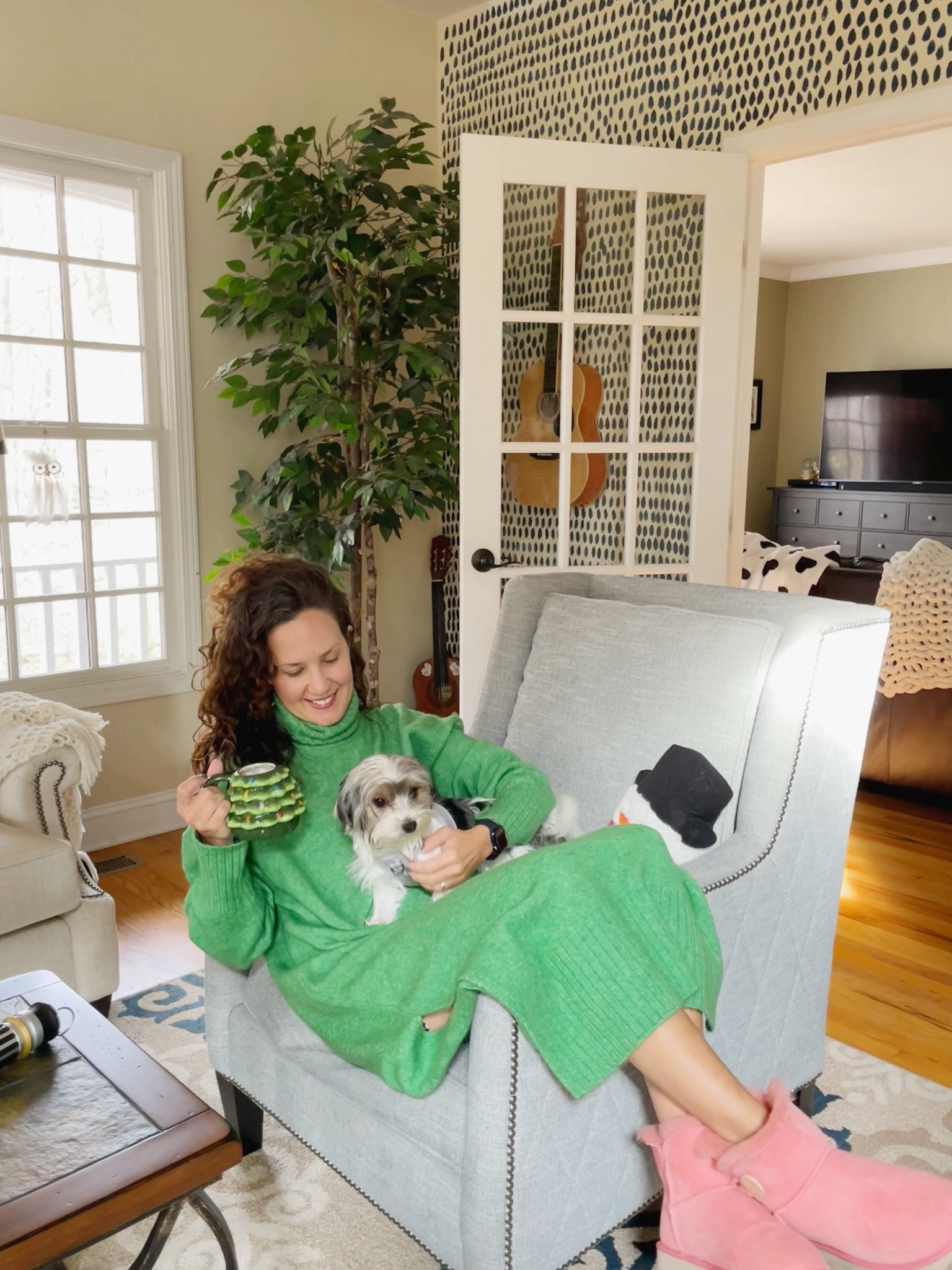 Styling this green sweater dress very casually with pink Uggs! So cozy! 

#LTKHoliday #LTKover40 #LTKSeasonal