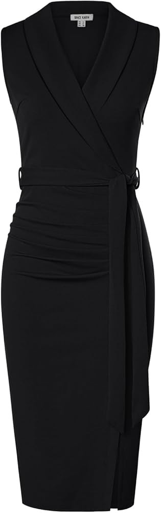 GRACE KARIN Women's Wear to Work Sleeveless Ruched Bodycon Office Pencil Midi Dresses with Belt | Amazon (US)