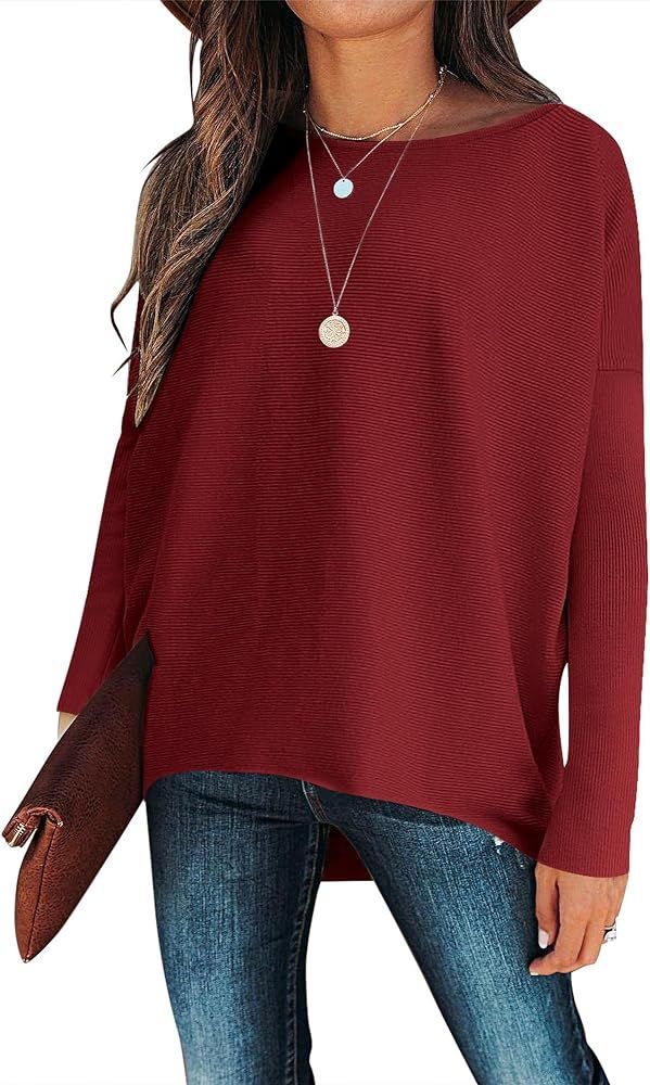 Caracilia Women's Oversized Sweater Boat Neck Long Batwing Sleeve Off Shoulder Knit Pullover Top 2023 Fall Trendy Tunic | Amazon (US)