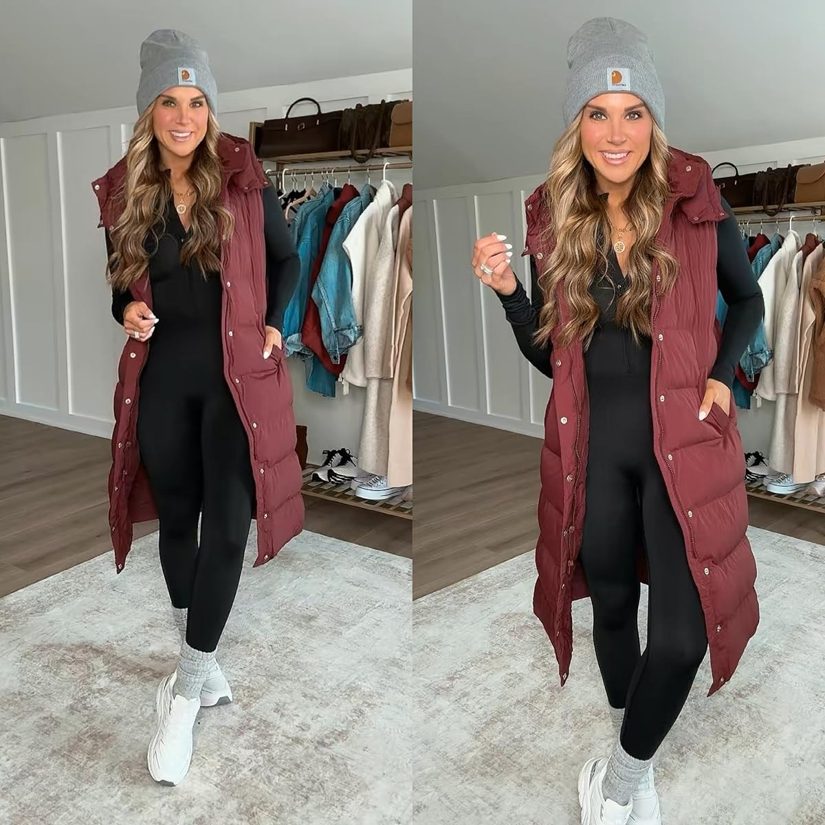 Love this black thermal onesie paired under my favorite long puffer vest for the winter months, it’s great to also layer under sweatshirts & sweats for an extra warm layer! I’m 5’6 140lbs in a size small everything, shoes run true to size  

 #LTKootd #LTKSeasonal #LTKActive