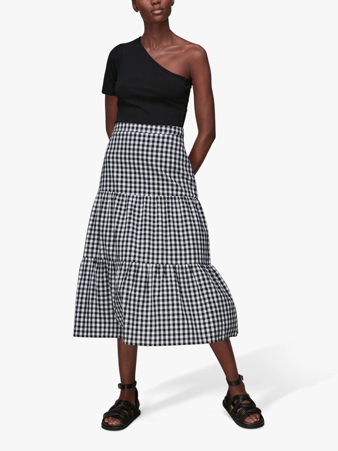 Whistles Tiered Gingham Midi Skirt, Black/White | John Lewis (UK)