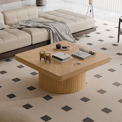 KWPZQEB Modern Square Coffee Table for Living Room, 34'' Wood Center Table with Parquet Pattern & Cylindrical Base, Natural | Target