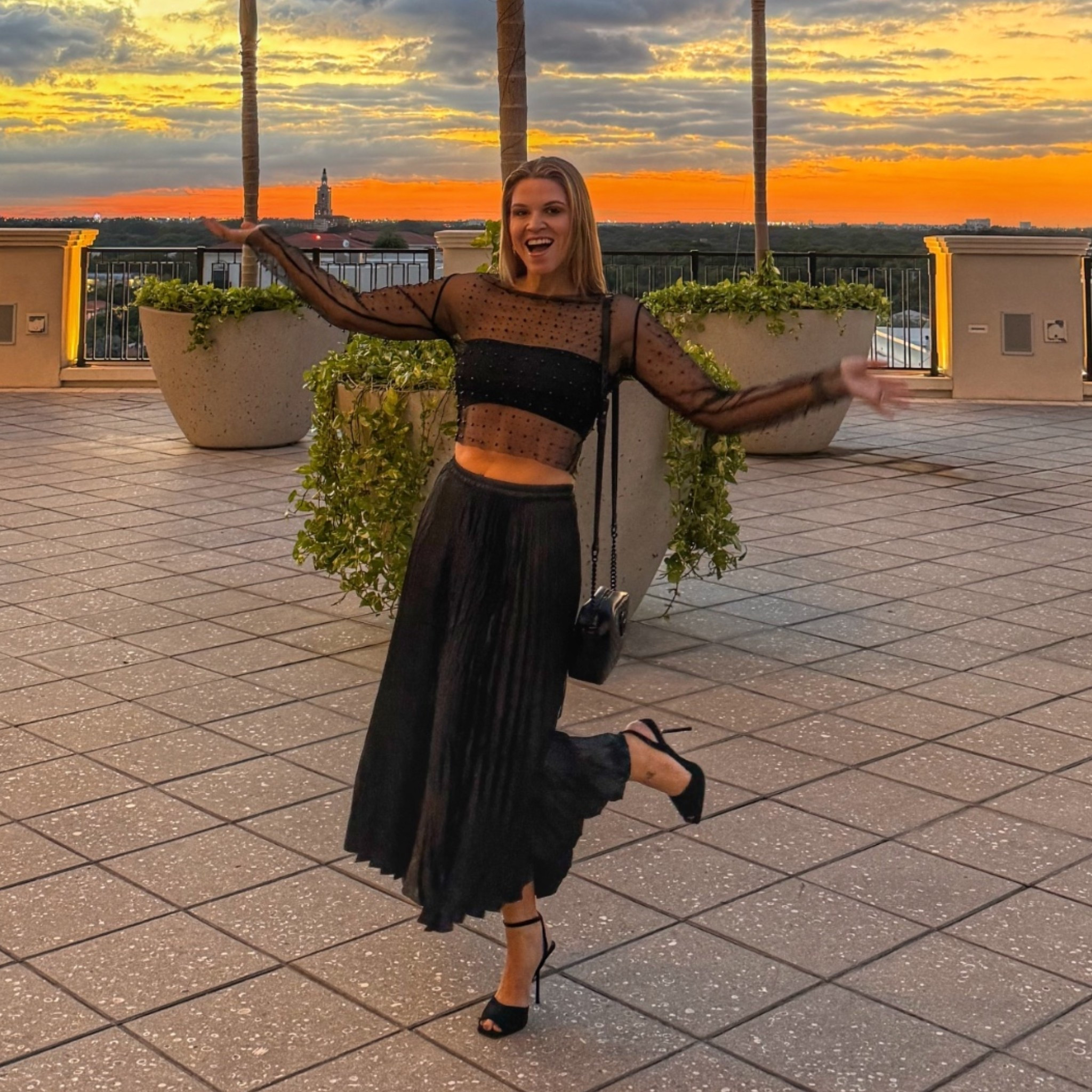 Black satin pleated skirt with the cutest sea through top! The best outfit for a fun night out.

#LTKStyleTip #LTKCyberWeek #LTKOver40