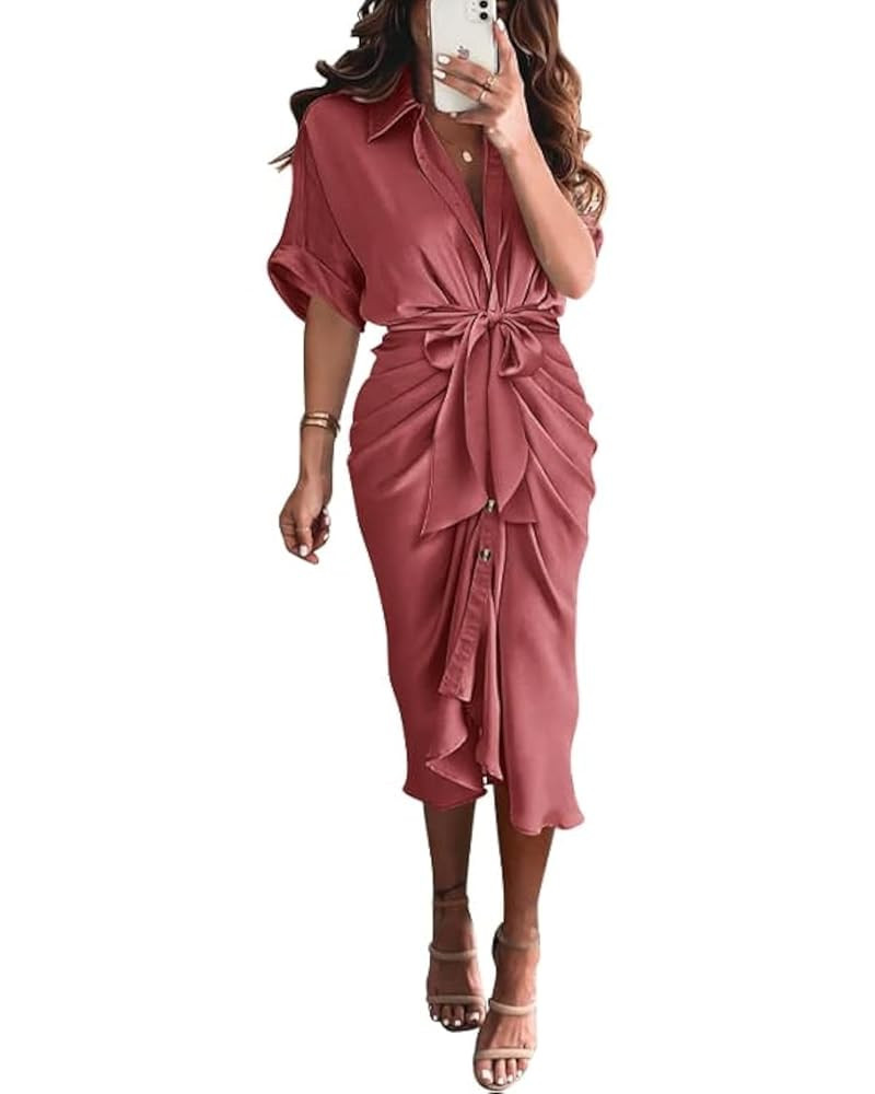 BTFBM Women Button Down Ruched Shirt Dresses Satin Short Sleeve Lapel V Neck Summer Maxi Dress 20... | Amazon (US)