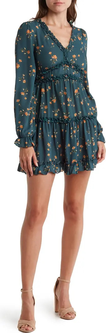 KENEDIK Floral Print Ruffle Trim Long Sleeve Minidress | Nordstromrack | Nordstrom Rack