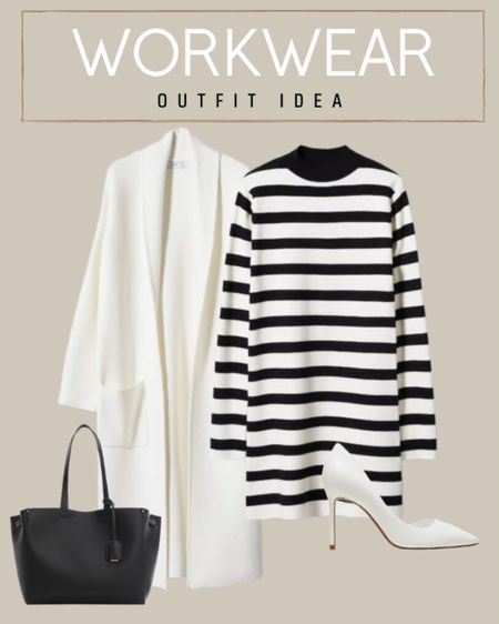 New Arrival white pocket coatigan, knit striped dress,white heels, black tote bag
Workwear, office outfit

#LTKunder100 #LTKunder50 #LTKworkwear