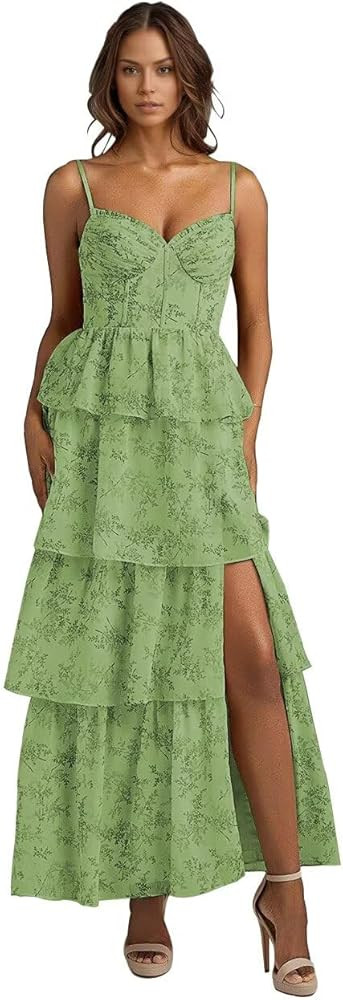 Floral Chiffon Bridesmaid Dresses Tiered Prom Dress with Slit Spaghetti Straps Formal Evening Par... | Amazon (US)