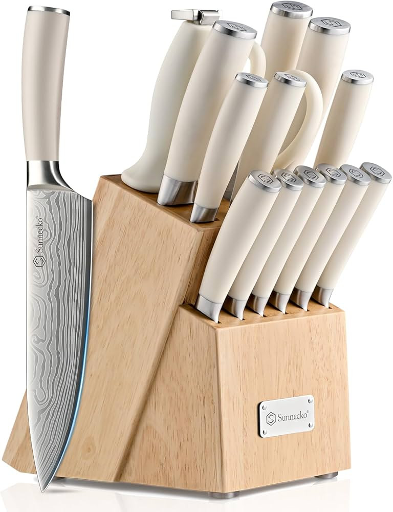 Sunnecko Knife Set with Block and Sharpener, 15 Piece Kitchen Knife Block Set Sharp Kitchen Knive... | Amazon (US)