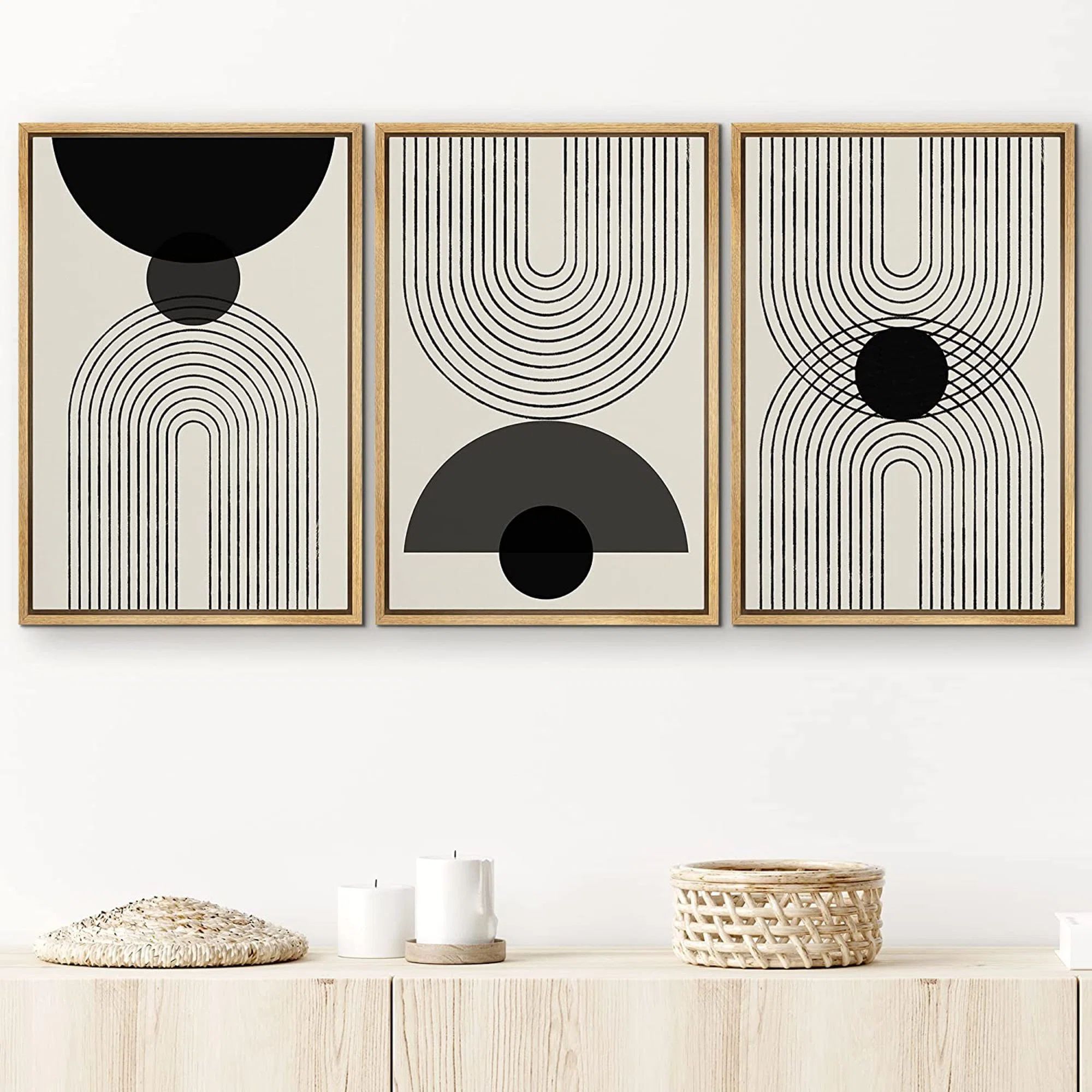 Modern Abstract Wall Art Black Semi-Circle An Line Parabola Framed Art - 3 Piece Floater Frame Pr... | Wayfair North America