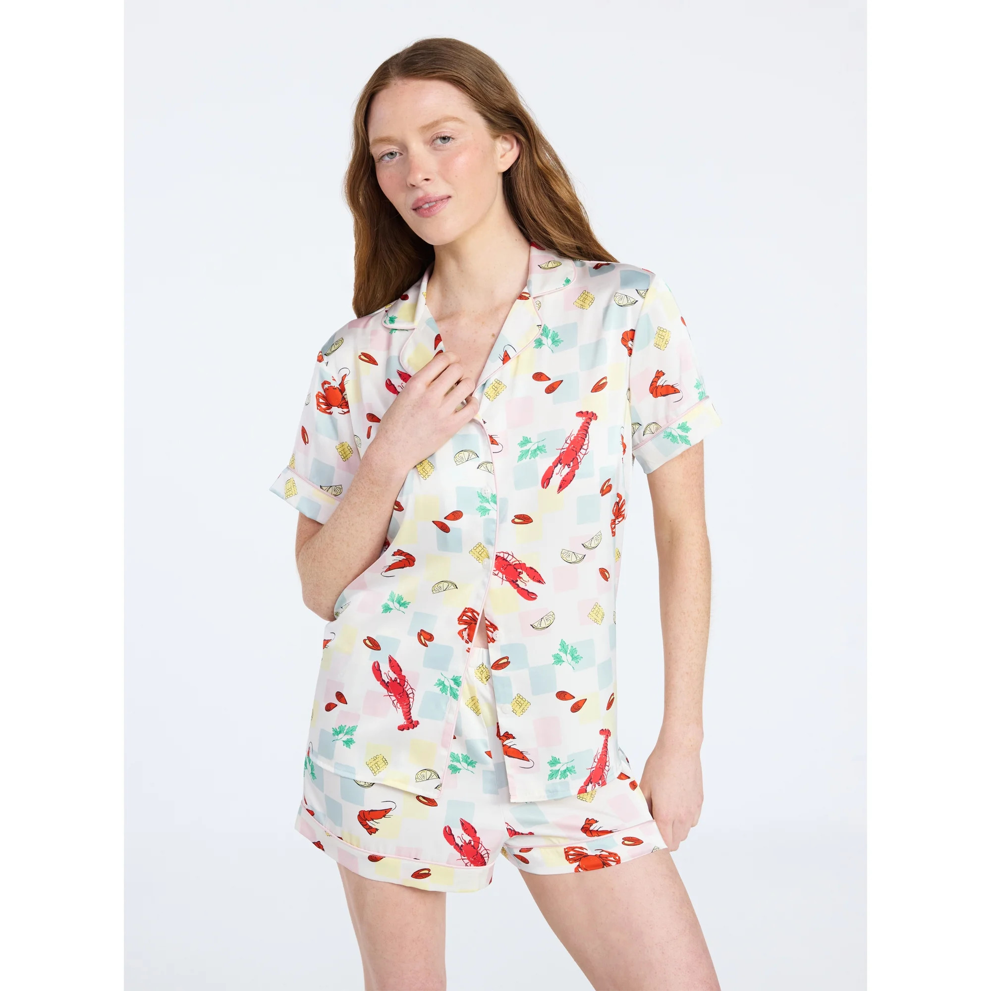 Joyspun Women’s Stretch Satin Short Sleeve Top and Shorts Pajama Set, Sizes XS-3X | Walmart (US)