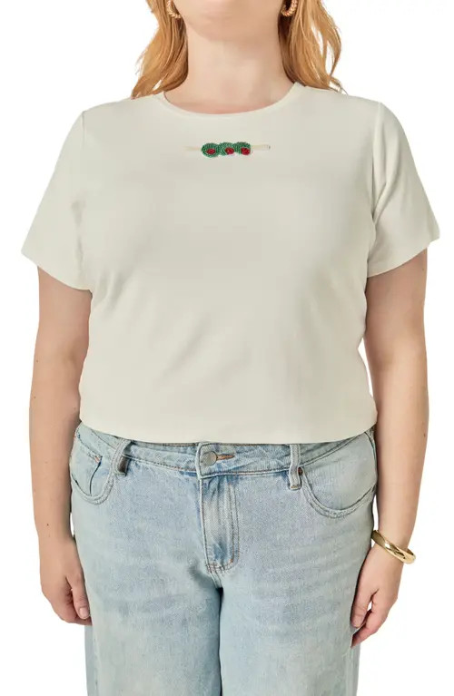 English Factory Olive Beaded Baby Tee in White at Nordstrom, Size 1X | Nordstrom