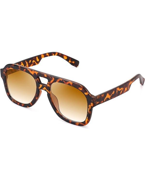 FEISEDY Vintage Pilot Sunglasses Double Bridge Women Men Large Square Thick Frame Trendy Eyewear ... | Amazon (US)