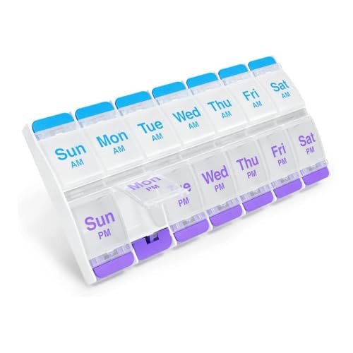 EZY DOSE Push Button (7-Day) Pill Case, Medicine Planner, Daily Vitamin Organizer, 2 Times a Day AM/PM, X-Large Compartments, Arthritis Friendly, Easy to use, Clear Lids, Purple and Blue, BPA Free | Amazon (US)