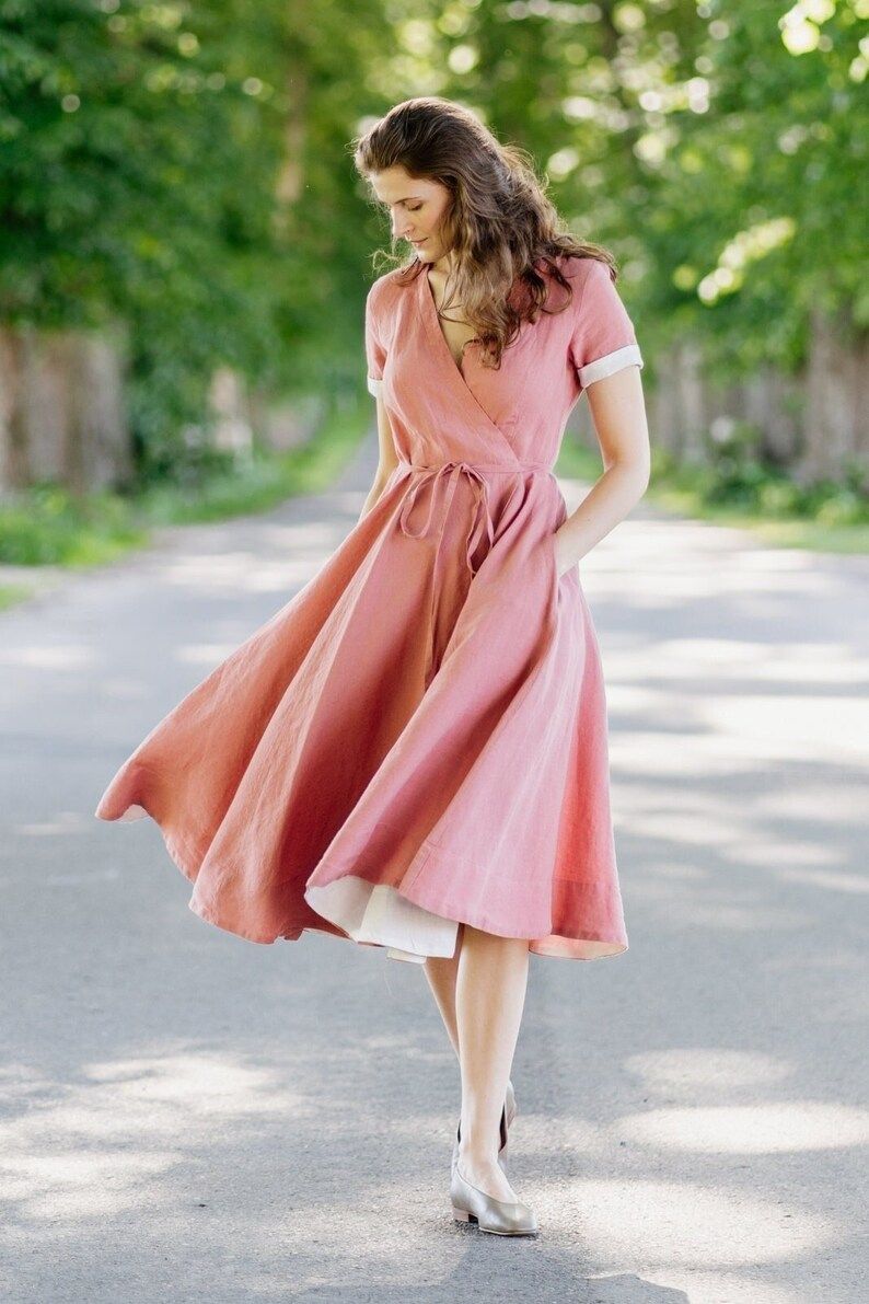 Pink Wrap Dress, Summer Linen Dress, Short Sleeve Dress, Pink Wedding Dress, Beach Dress, Romanti... | Etsy (US)