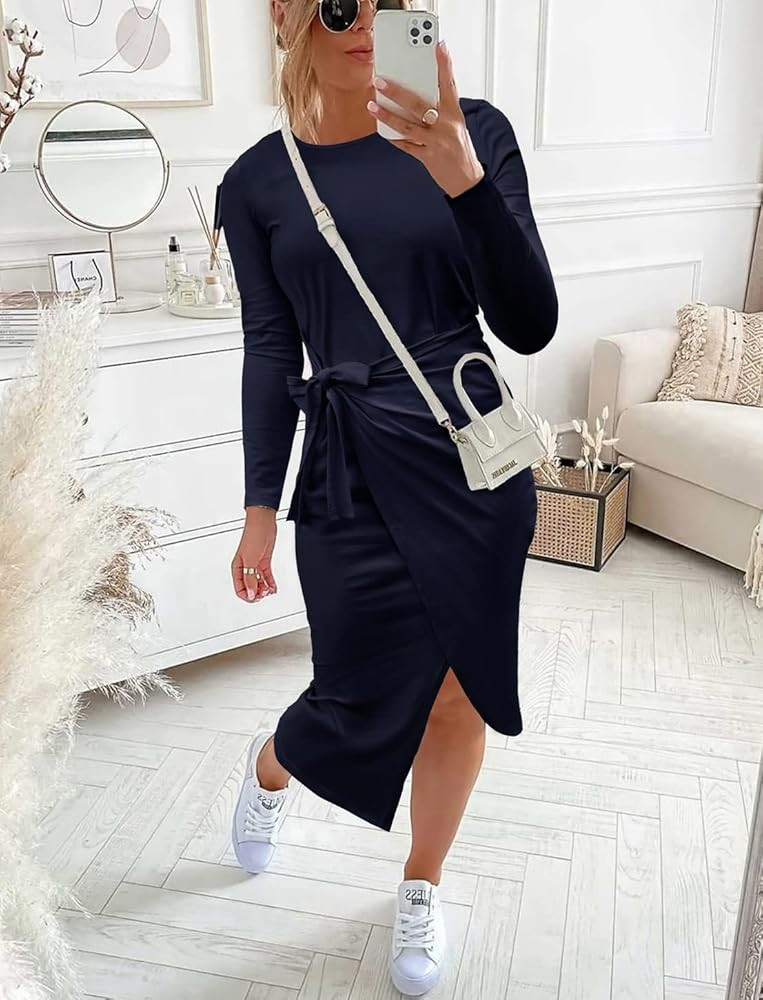 NOLLSOM Women Long Sleeve Ruched Bodycon Wrap Dress Crew Neck Tie Waist Midi Dress Solid Color Split | Amazon (US)