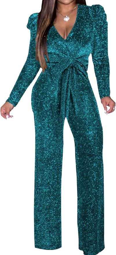 SeNight Women Sparkly Jumpsuits Sexy Long Sleeve Elegant Mock Neck Shiny Straight Long Pants Romp... | Amazon (US)
