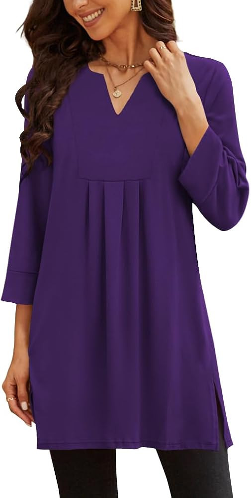 Poetsky Womens Tunic Tops V-Neck 3/4 Length Sleeve Loose Fit Tunics Dressy Casual Side Split Flar... | Amazon (US)