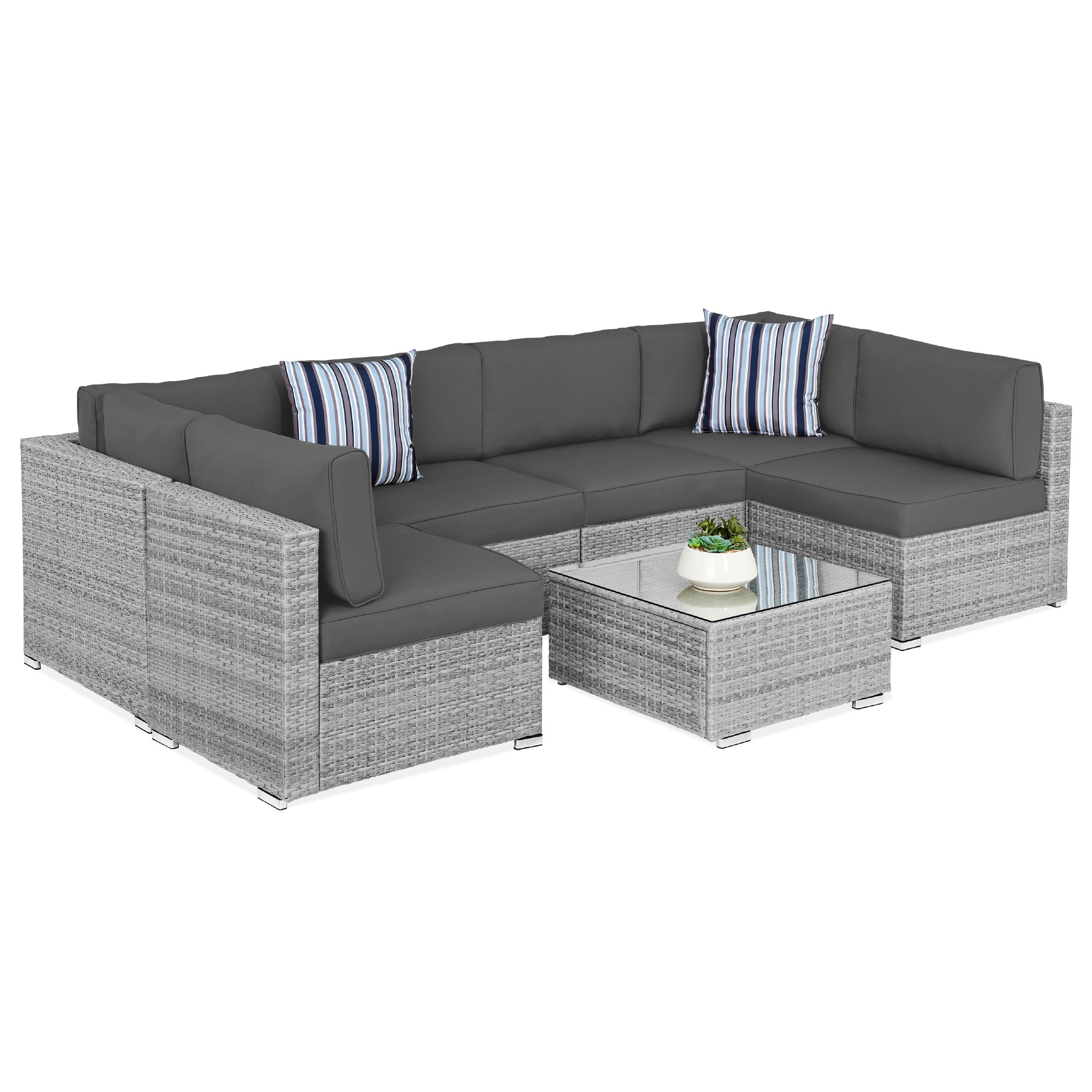 7pc Modular Wicker Sectional Sofas & Glass Top Table Outdoor Patio Furniture Set w/ 2 Pillows, Cover - Gray/Gray - Best Choice Products Online | Best Choice Products 