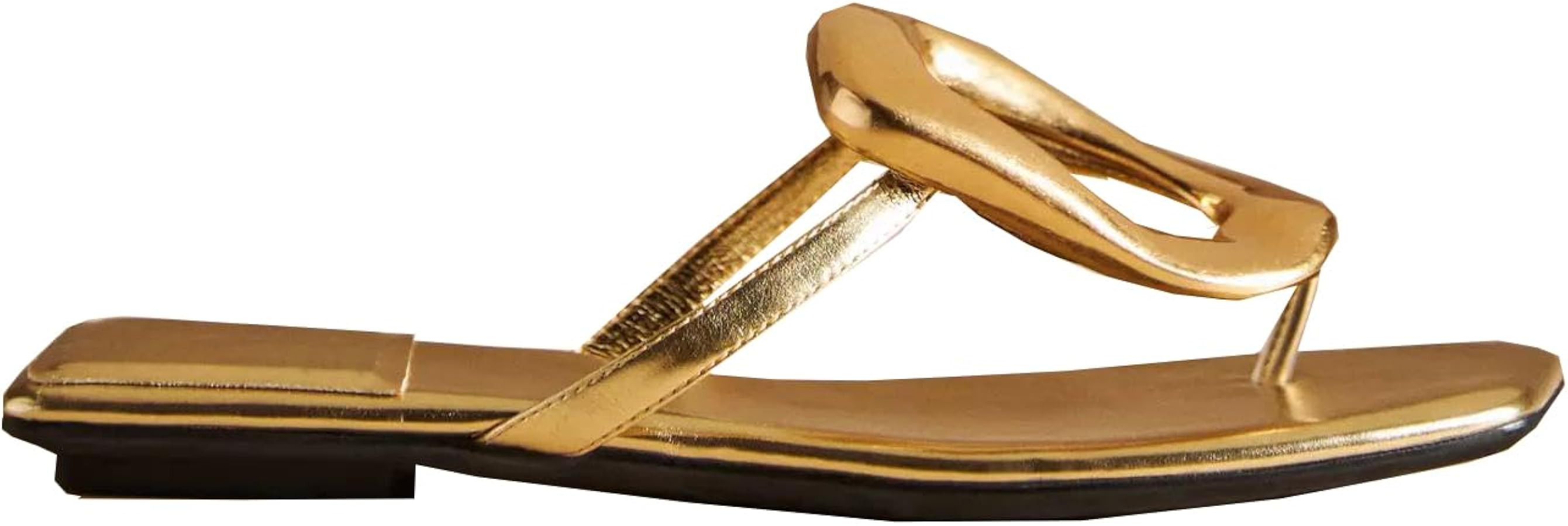 Women's Square Toe Flip Flops Thong Sandals Gold Buckle Dressy Summer Flat Shoes | Amazon (US)