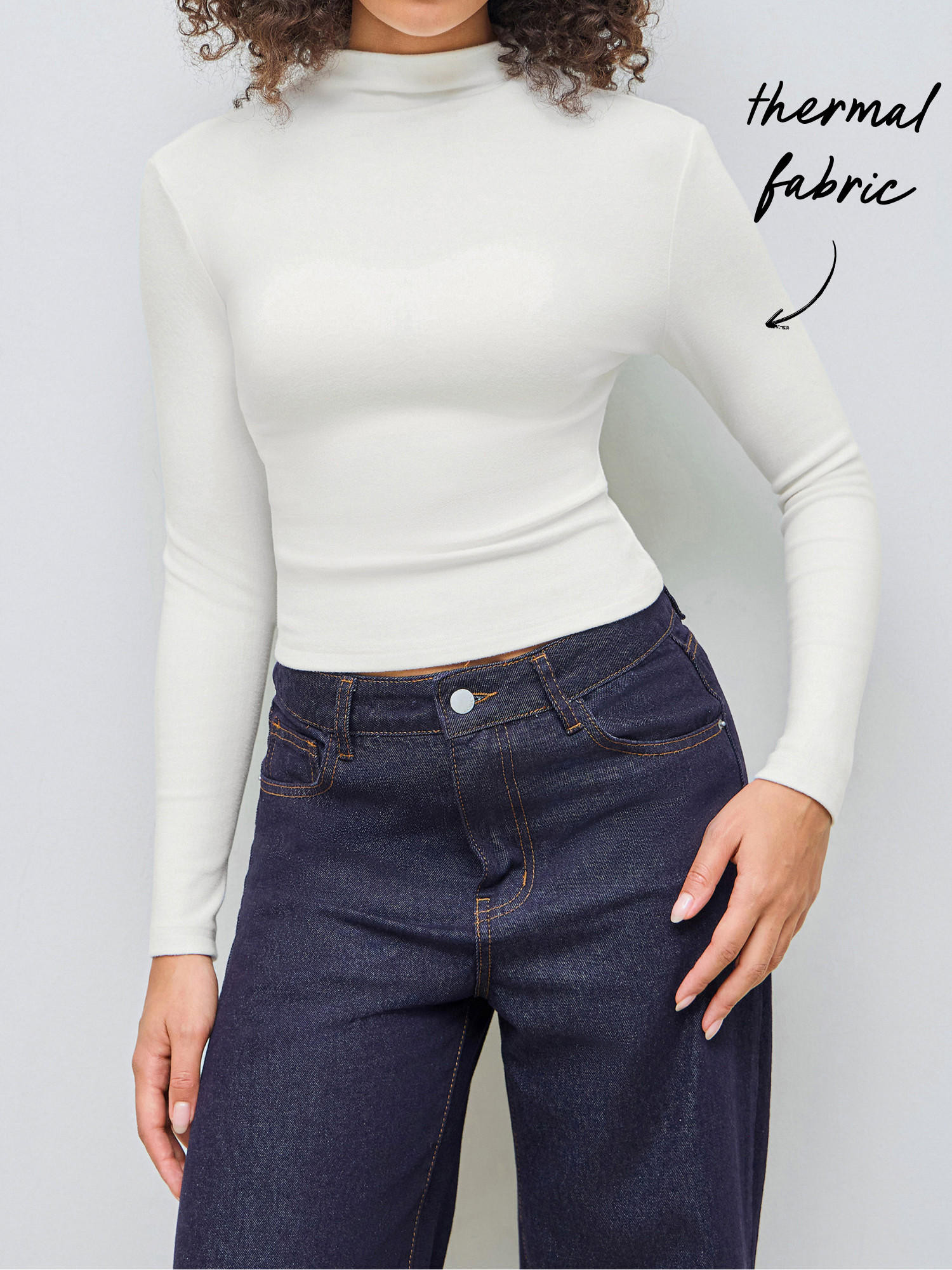 Basic & Thermal Knit Fabric Thermal Cotton-blend Stand Collar Solid Long Sleeve Tee | Cider