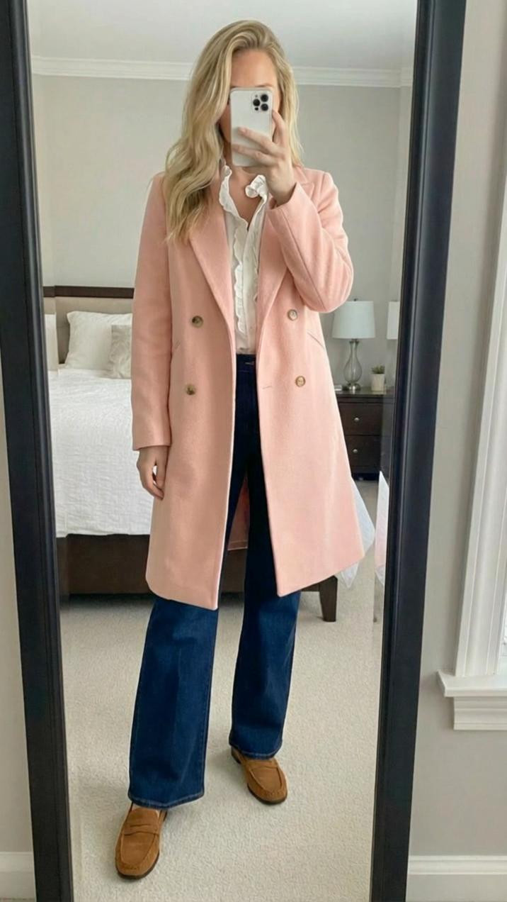 Here's a medium-length, keyword-rich LTK caption for this outfit:
"THIS PINK WOOL COAT IS EVERYTHING! 💗🌸
I'm OBSESSED with this blush pink double-breasted coat and how it elevates every outfit! If you're looking for spring coat ideas, statement outerwear, elevated casual looks, or that perfect coat that makes you feel polished and feminine, THIS IS IT! This has become my go-to spring layer! ✨
THE COAT: Can we talk about how stunning this blush pink wool coat is?! The soft dusty rose color is absolutely gorgeous and SO flattering! The double-breasted style with gold buttons is so chic and classic, the structured tailoring creates a beautiful silhouette, and the longline length is incredibly elegant! This is giving Parisian chic, feminine power, expensive taste! 💕
The quality is exceptional - substantial wool blend that feels luxurious! The notched lapels are classic, the structured shoulders add polish, and the coat hits at the perfect length below the hip! The gold button details add such a sophisticated touch! This coat makes every outfit look more expensive! 🌟
LAYERING: That white ruffle blouse peeking out underneath is the perfect feminine touch! The ruffle collar detail adds such a romantic element! Layering a pretty blouse under a structured coat is always a winning combination! 🤍
THE JEANS: These dark-wash straight leg jeans are the perfect base! The dark indigo wash is sophisticated and versatile, and the straight leg silhouette is so classic and flattering! These jeans work for everything! 👖
STYLING: I paired this with tan suede loafers for the ultimate preppy, polished look! The cognac brown coordinates beautifully with the soft pink and adds warmth! This outfit is feminine but powerful! 👞
COLOR PALETTE: Blush pink + white + dark denim + cognac is such a sophisticated, feminine combination! It's soft but polished, romantic but professional! This color scheme is giving spring elegance! 🌷
THIS OUTFIT IS PERFECT FOR: spring days, business casual, office outfits, brunch dates, shopping trips, special occasions, Easter celebrations, spring events, or a 

 

#LTKgrwm #LTKmomlife #LTKmorningroutine