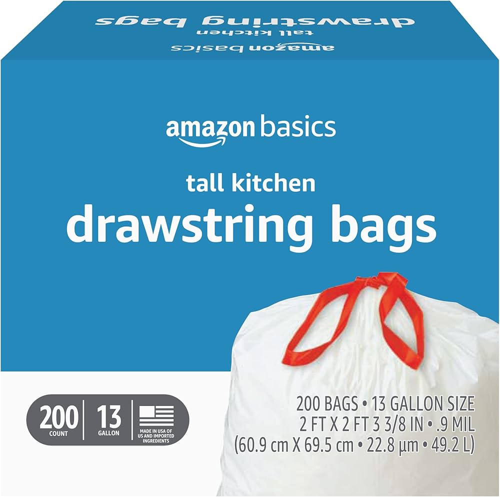 Amazon Basics Tall Kitchen Drawstring Trash Bags, 13 Gallon, 200 Count, Pack of 1 | Amazon (US)