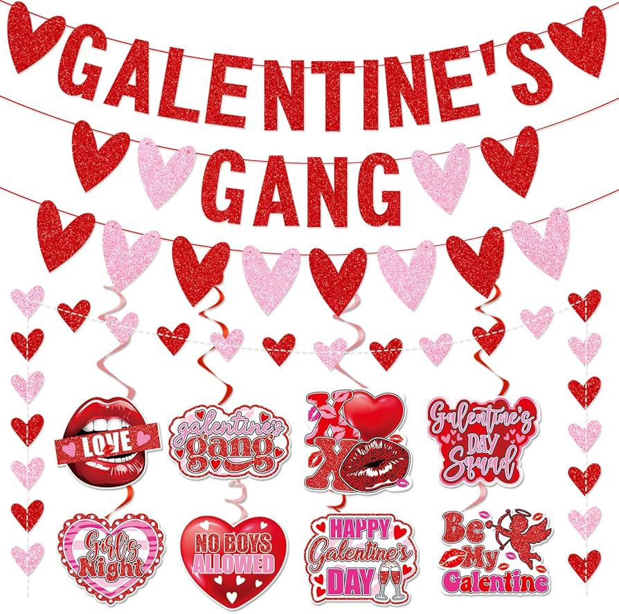 Galentines Gang Banner with Love Hearts,Happy Galentine’s Day Banner Garland Hanging Swirls,Gal... | Amazon (US)