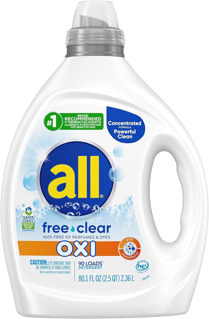 all Liquid Laundry Detergent, Free Clear for Sensitive Skin with OXI, Unscented and Hypoallergeni... | Amazon (US)